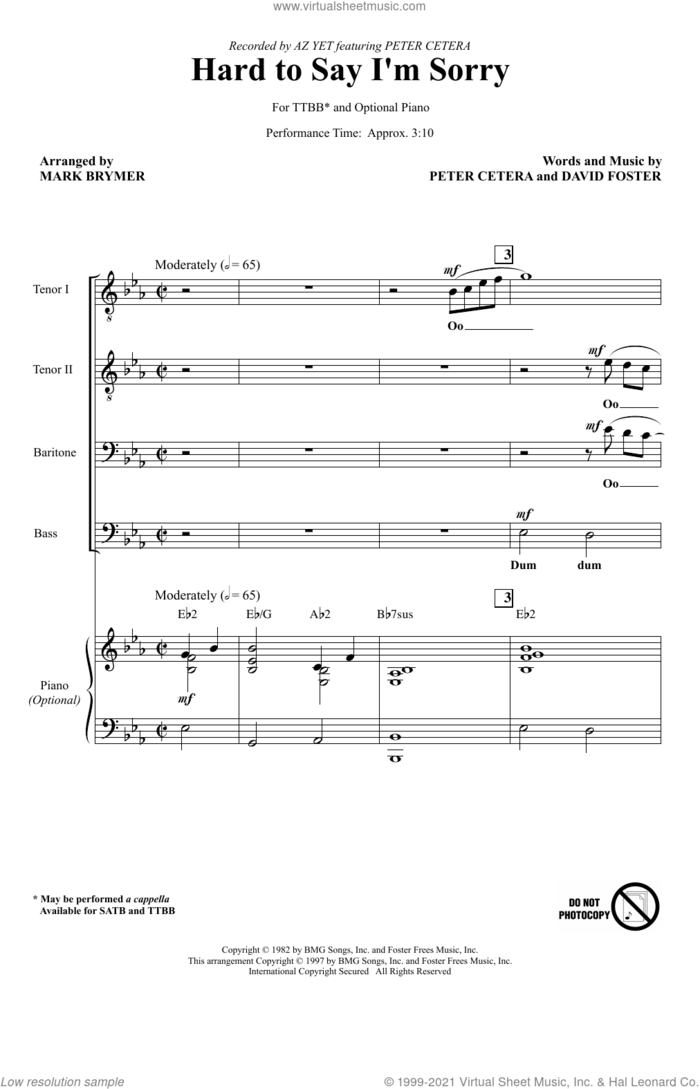 Hard To Say I'm Sorry (feat. Peter Cetera) (arr. Mark Brymer) sheet music for choir (TTBB: tenor, bass) by Az Yet, Mark Brymer, David Foster and Peter Cetera, intermediate skill level