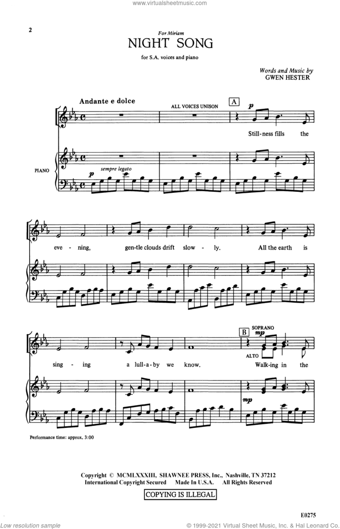Night Song sheet music for choir (2-Part) by Gwen Hester, intermediate duet