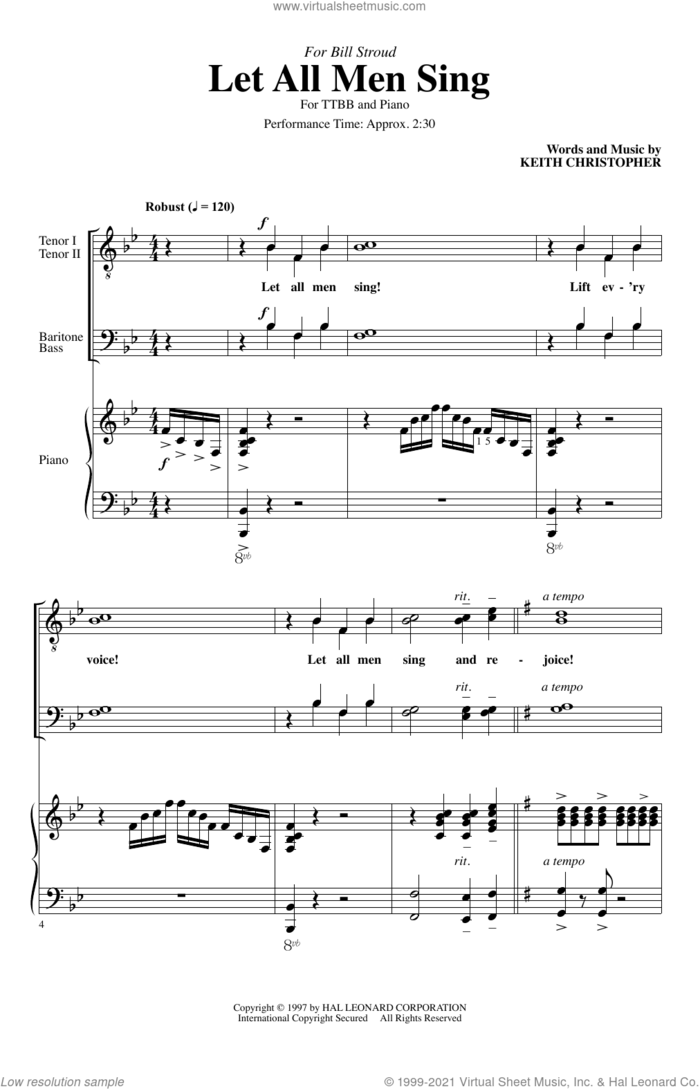 Let All Men Sing sheet music for choir (TTBB: tenor, bass) by Keith Christopher, intermediate skill level