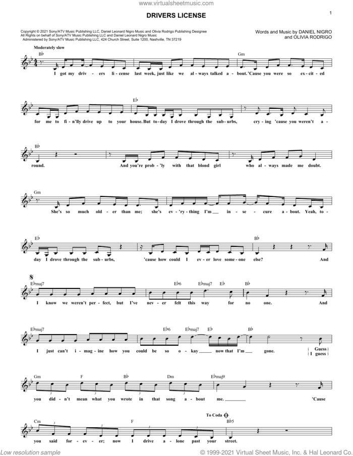 drivers license sheet music for voice and other instruments (fake book) by Olivia Rodrigo and Daniel Nigro, intermediate skill level
