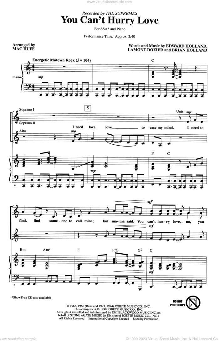 You Can't Hurry Love (arr. Mac Huff) sheet music for choir (SSA: soprano, alto) by The Supremes, Mac Huff, Brian Holland, Eddie Holland and Lamont Dozier, intermediate skill level