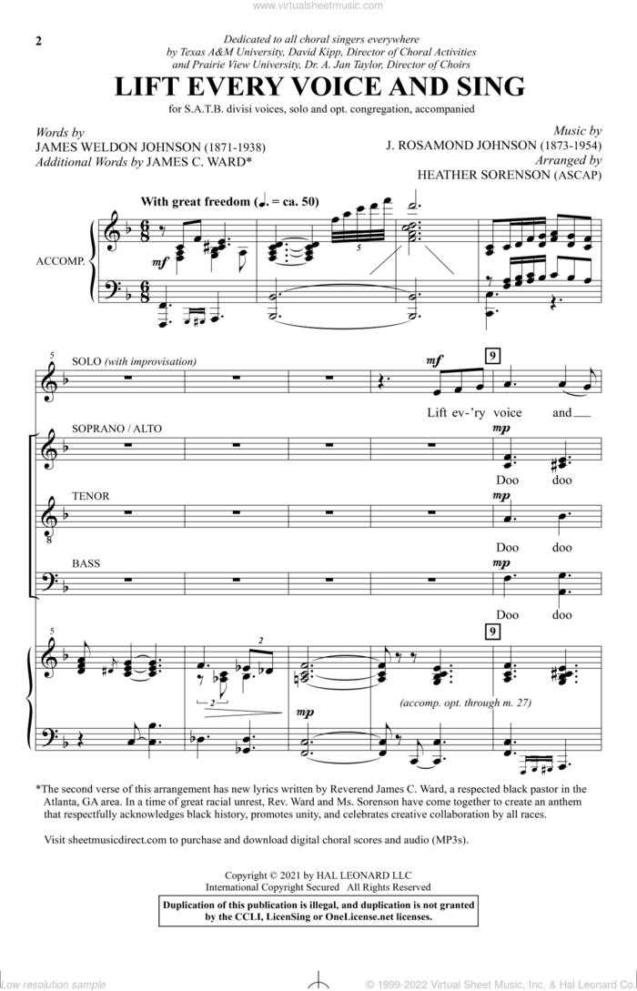 Lift Every Voice And Sing (arr. Heather Sorenson) sheet music for choir (SATB: soprano, alto, tenor, bass) by J. Rosamond Johnson, Heather Sorenson, James C. Ward and James Weldon Johnson, intermediate skill level