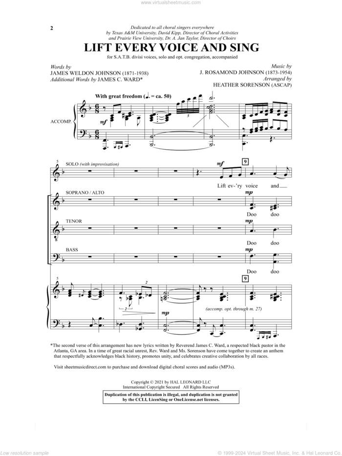 Lift Every Voice And Sing (arr. Heather Sorenson) sheet music for choir (SATB: soprano, alto, tenor, bass) by J. Rosamond Johnson, Heather Sorenson, James C. Ward and James Weldon Johnson, intermediate skill level