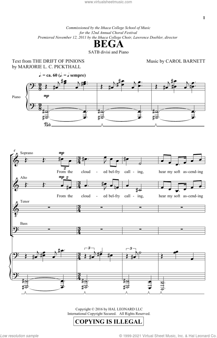 Bega sheet music for choir (SATB: soprano, alto, tenor, bass) by Carol Barnett and Marjorie L.C. Pickthall, intermediate skill level