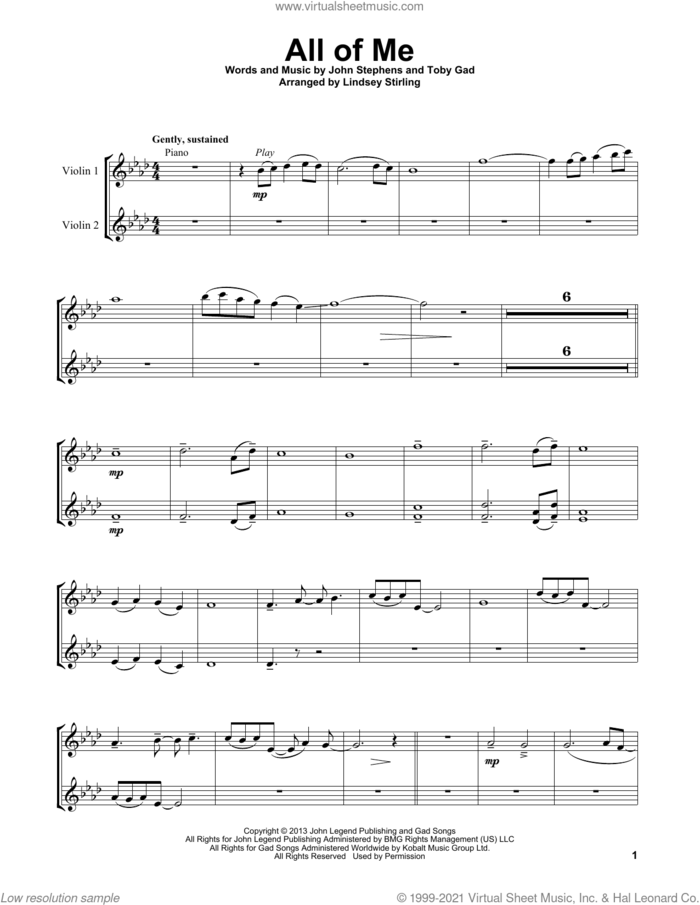 All Of Me sheet music for two violins (duets, violin duets) by Lindsey Stirling, John Legend, John Stephens and Toby Gad, intermediate skill level