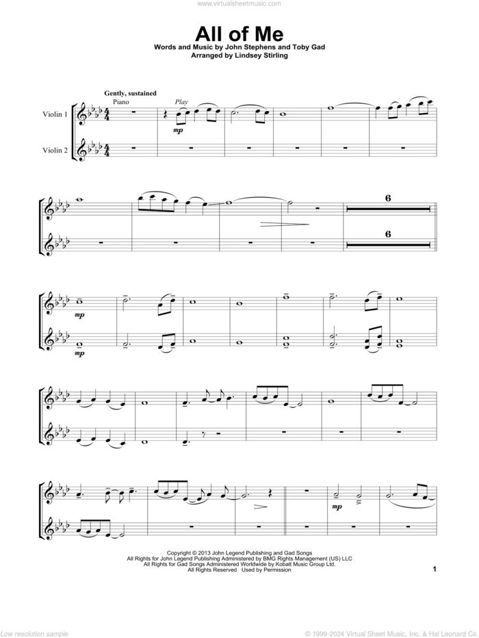 All Of Me sheet music for two violins (duets, violin duets) by Lindsey Stirling, John Legend, John Stephens and Toby Gad, wedding score, intermediate skill level
