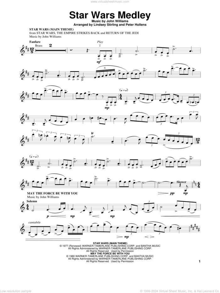 Star Wars Medley sheet music for violin solo by Lindsey Stirling and John Williams, intermediate skill level