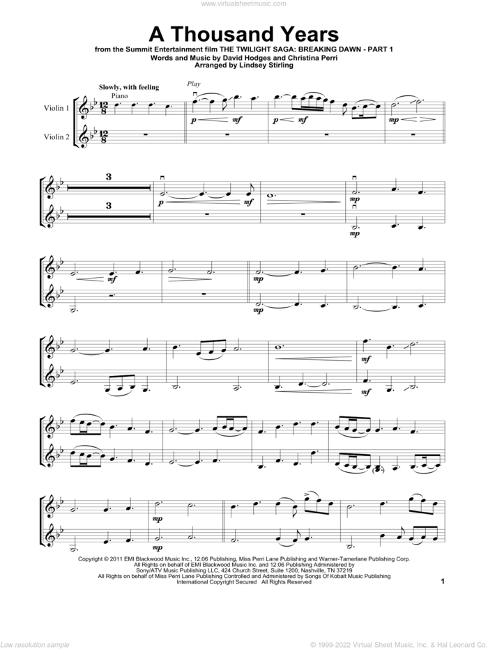 A Thousand Years sheet music for two violins (duets, violin duets) by Lindsey Stirling, Aimee Proal, Kurt Hugo Schneider, Christina Perri and David Hodges, wedding score, intermediate skill level