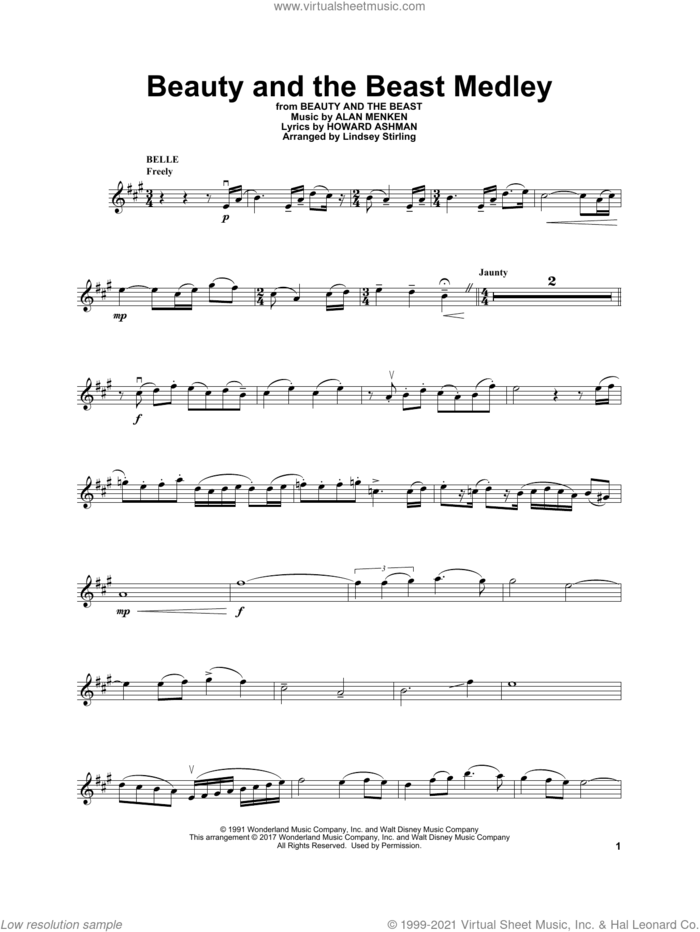 Beauty and the Beast Medley sheet music for violin solo by Lindsey Stirling, Alan Menken and Howard Ashman, intermediate skill level