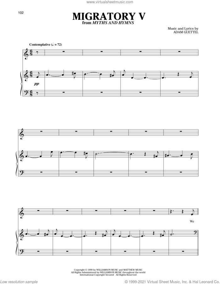 Migratory V sheet music for voice and piano by Adam Guettel and Richard Walters, classical score, intermediate skill level