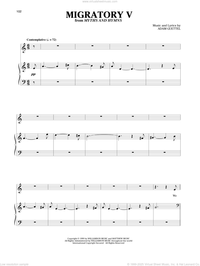 Migratory V sheet music for voice and piano by Adam Guettel and Richard Walters, classical score, intermediate skill level