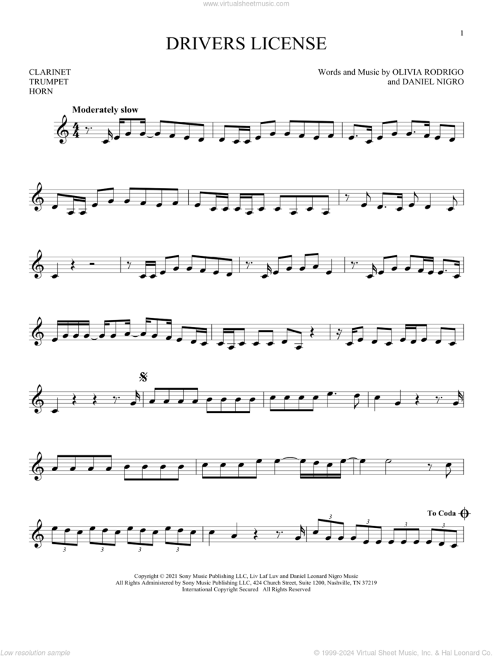 drivers license sheet music for Solo Instrument (treble clef low) by Olivia Rodrigo and Daniel Nigro, intermediate skill level