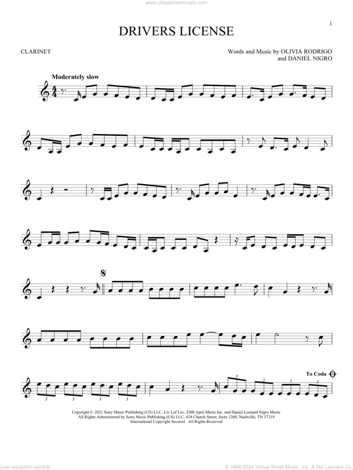 drivers license sheet music for Solo Instrument (treble clef low) by Olivia Rodrigo and Daniel Nigro, intermediate skill level