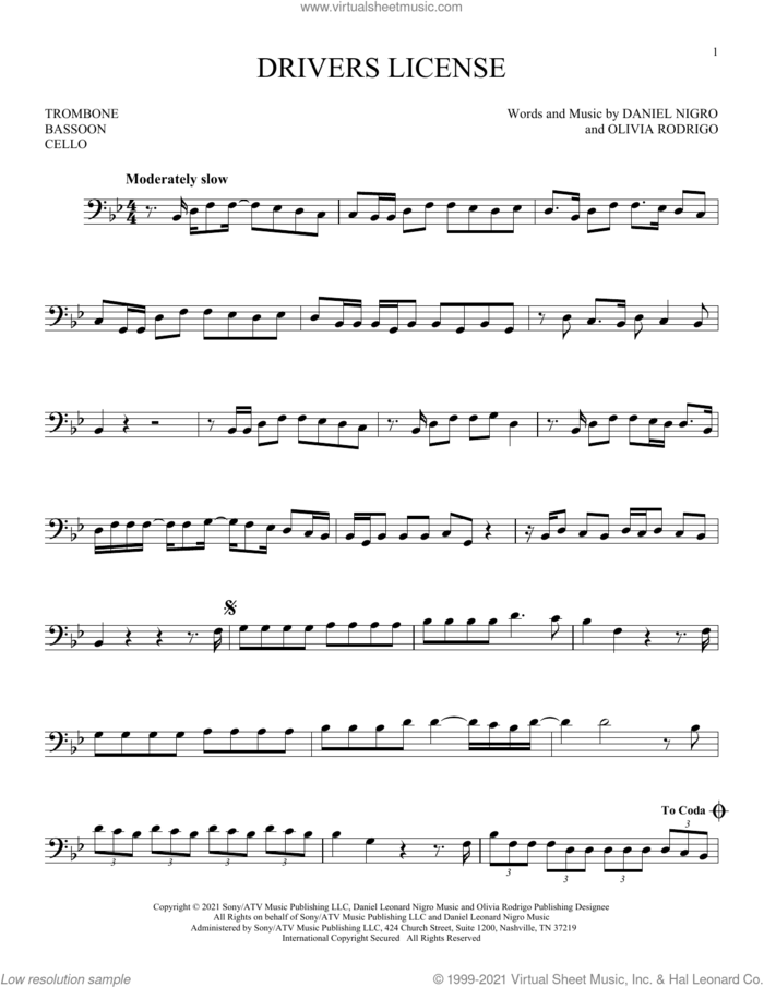drivers license sheet music for Solo Instrument (bass clef) by Olivia Rodrigo and Daniel Nigro, intermediate skill level