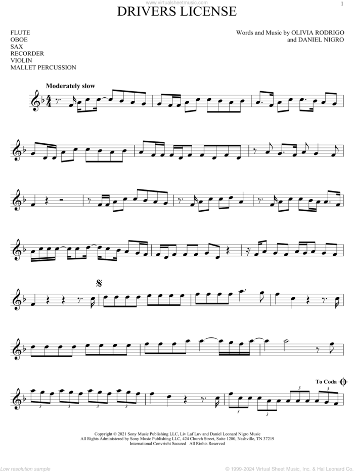 drivers license sheet music for Solo Instrument (treble clef high) by Olivia Rodrigo and Daniel Nigro, intermediate skill level