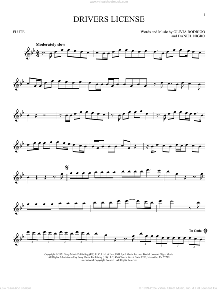 drivers license sheet music for Solo Instrument (treble clef high) by Olivia Rodrigo and Daniel Nigro, intermediate skill level