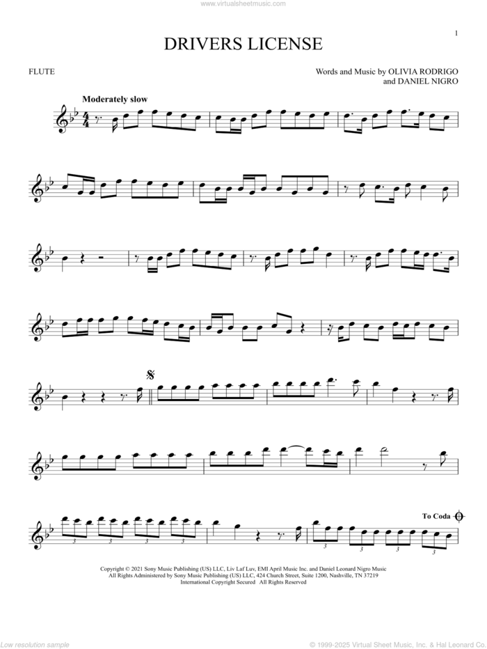 drivers license sheet music for Solo Instrument (treble clef high) by Olivia Rodrigo and Daniel Nigro, intermediate skill level