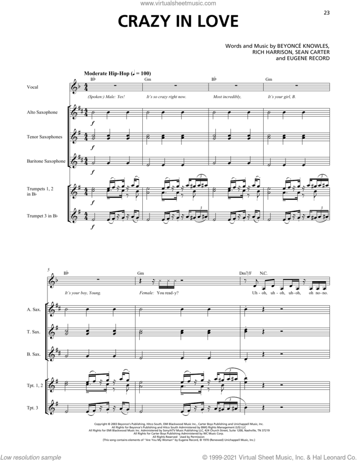 Crazy In Love (feat. Jay-Z) (Horn Section) sheet music for chamber ensemble (Transcribed Score) by Beyonce, Eugene Record, Rich Harrison and Shawn Carter, intermediate skill level