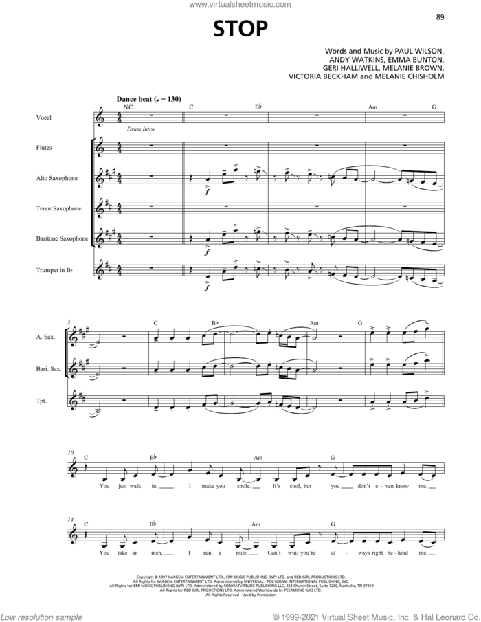 Stop (Horn Section) sheet music for chamber ensemble (Transcribed Score) by Spice Girls, Andy Watkins, Emma Lee Bunton, Geri Halliwell, Melanie Brown, Melanie Chisholm, Paul Wilson and Victoria Beckham, intermediate skill level