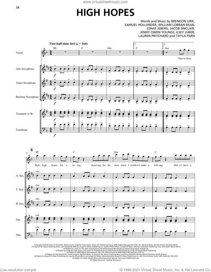 High Hopes (Horn Section) sheet music for chamber ensemble (Transcribed Score) by Panic! At The Disco, Brendon Urie, Ilsey Juber, Jacob Sinclair, Jenny Owen Youngs, Jonas Jeberg, Lauren Pritchard, Sam Hollander, Tayla Parx and William Lobban Bean, intermediate skill level