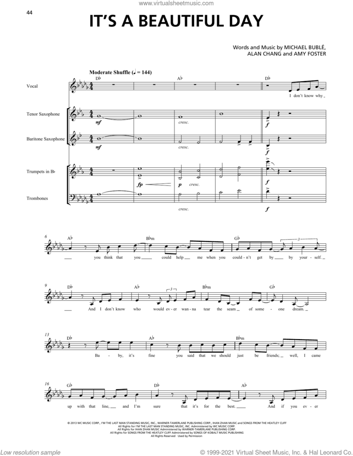 It's A Beautiful Day (Horn Section) sheet music for chamber ensemble (Transcribed Score) by Michael Buble, Alan Chang and Amy Foster, intermediate skill level