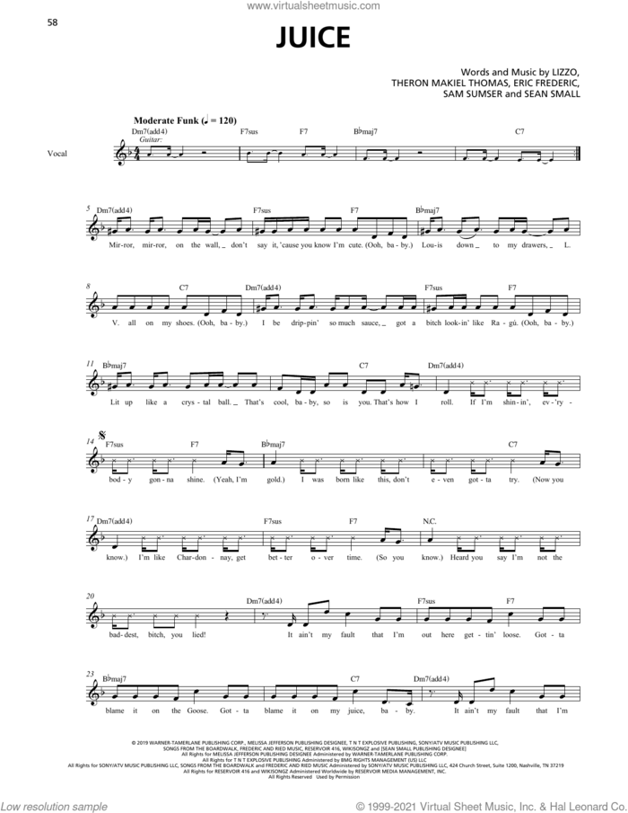 Juice (Horn Section) sheet music for chamber ensemble (Transcribed Score) by Lizzo, Eric Frederic, Sam Sumser, Sean Small and Theron Thomas, intermediate skill level