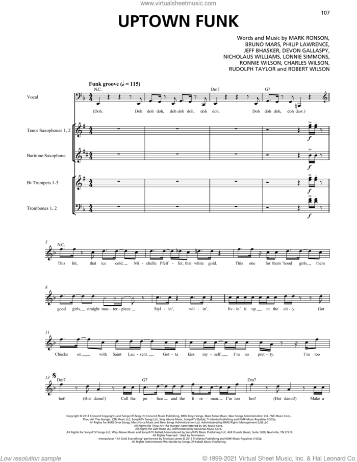 Uptown Funk (feat. Bruno Mars) (Horn Section) sheet music for chamber ensemble (Transcribed Score) by Mark Ronson, Bruno Mars, Charles Wilson, Devon Gallaspy, Jeff Bhasker, Lonnie Simmons, Nicholaus Williams, Philip Lawrence, Robert Wilson, Ronnie Wilson and Rudolph Taylor, intermediate skill level