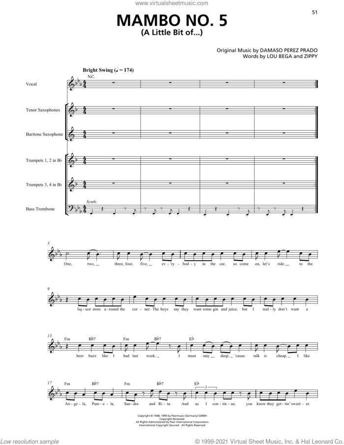 Mambo No. 5 (A Little Bit Of...) (Horn Section) sheet music for chamber ensemble (Transcribed Score) by Lou Bega, Damaso Perez Prado and Zippy, intermediate skill level