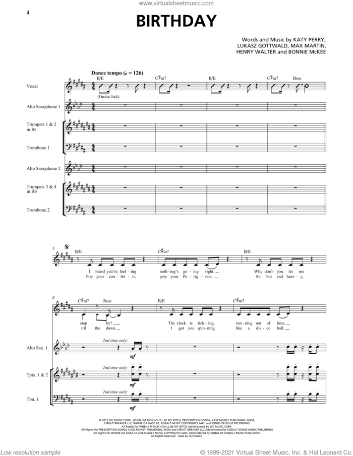 Birthday (Horn Section) sheet music for chamber ensemble (Transcribed Score) by Katy Perry, Bonnie McKee, Henry Walter, Lukasz Gottwald and Max Martin, intermediate skill level