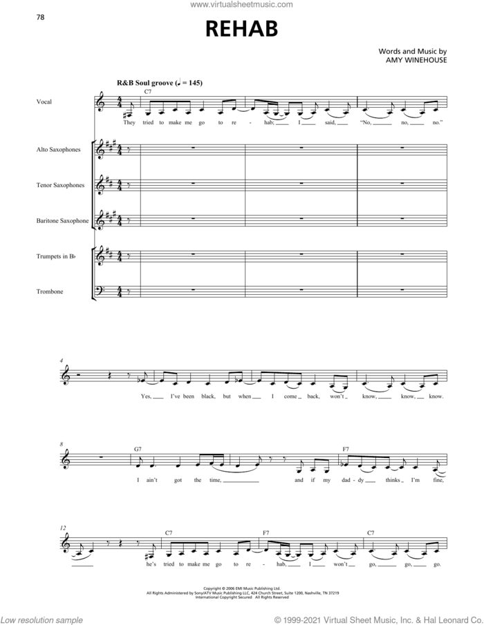 Rehab (Horn Section) sheet music for chamber ensemble (Transcribed Score) by Amy Winehouse, intermediate skill level