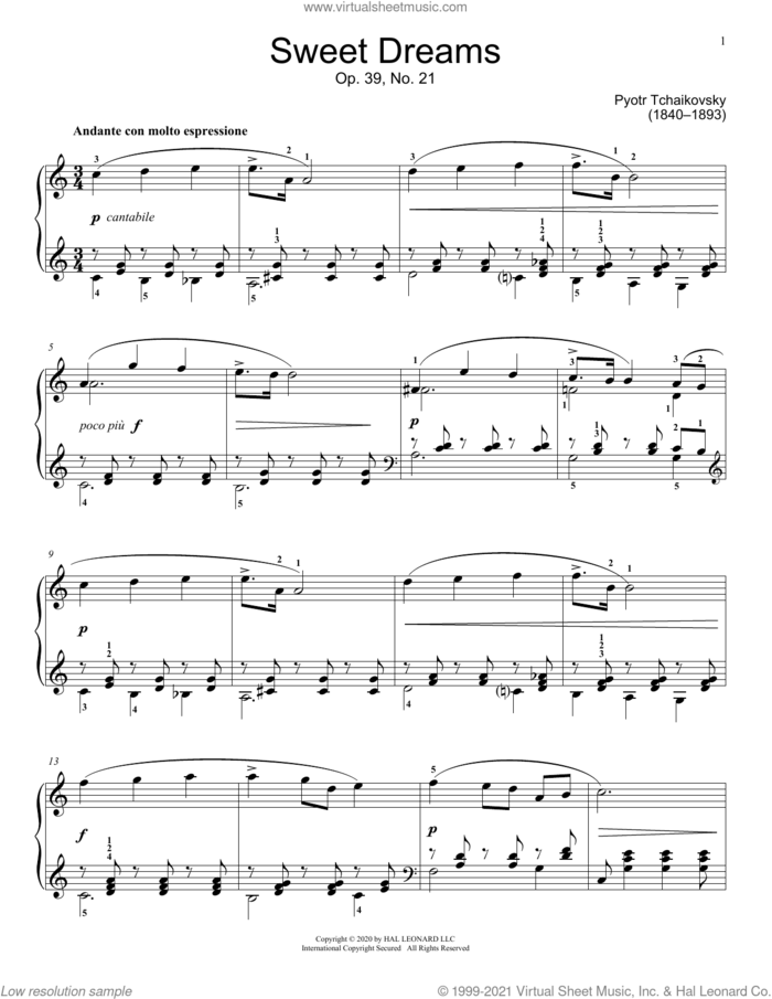 Sweet Dreams, Op. 39, No. 21 sheet music for piano solo (elementary) by Pyotr Ilyich Tchaikovsky and Jennifer Linn, classical score, beginner piano (elementary)