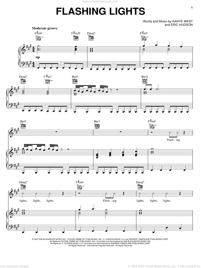 Flashing Lights sheet music for voice, piano or guitar by Kanye West and Eric Hudson, intermediate skill level