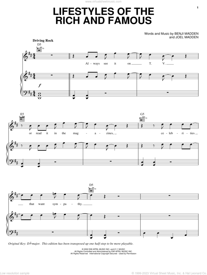 Lifestyles Of The Rich And Famous sheet music for voice, piano or guitar by Good Charlotte, Benjamin Combs and Joel Combs, intermediate skill level
