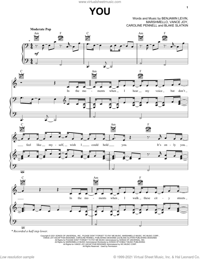 You (with Marshmello and Vance Joy) sheet music for voice, piano or guitar by benny blanco, Benjamin Levin, Blake Slatkin, Caroline Pennell, Marshmello and Vance Joy, intermediate skill level