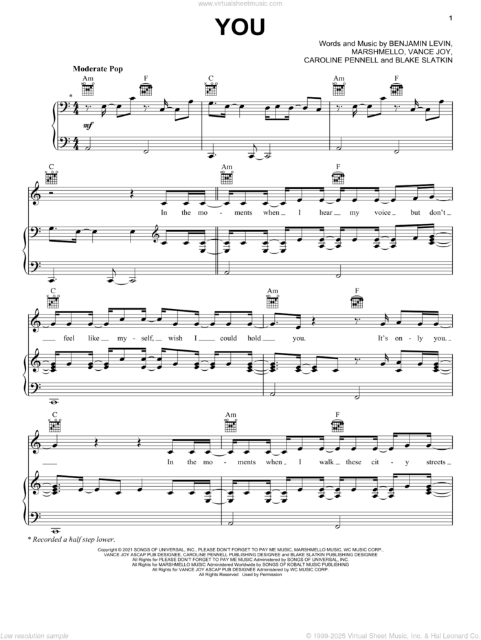 You (with Marshmello and Vance Joy) sheet music for voice, piano or guitar by benny blanco, Benjamin Levin, Blake Slatkin, Caroline Pennell, Marshmello and Vance Joy, intermediate skill level