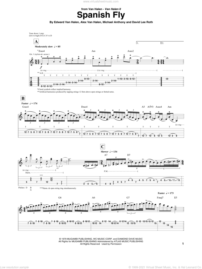 Spanish Fly sheet music for guitar (tablature) by Edward Van Halen, Alex Van Halen, David Lee Roth and Michael Anthony, intermediate skill level