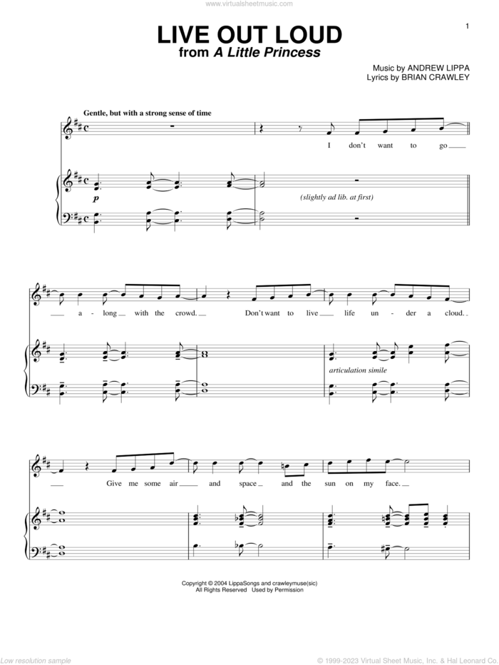Live Out Loud sheet music for voice and piano by Andrew Lippa and Brian Crawley, intermediate skill level