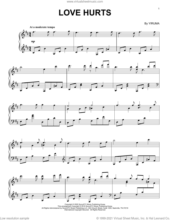 Love Hurts sheet music for piano solo by Yiruma, classical score, intermediate skill level