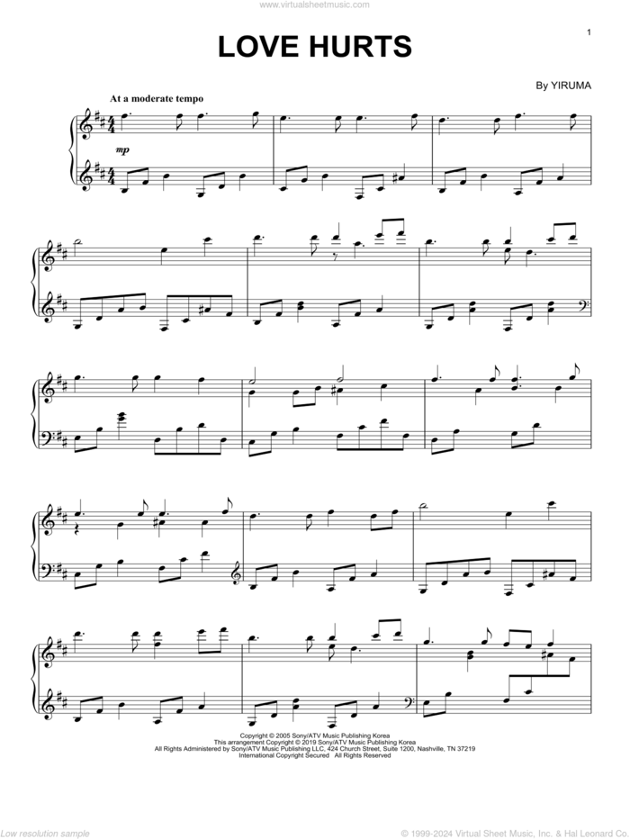 Love Hurts sheet music for piano solo by Yiruma, classical score, intermediate skill level