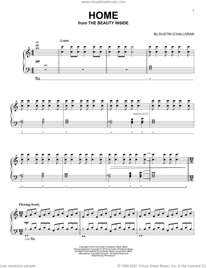 Home (from The Beauty Inside) sheet music for piano solo by Dustin O'Halloran, classical score, intermediate skill level