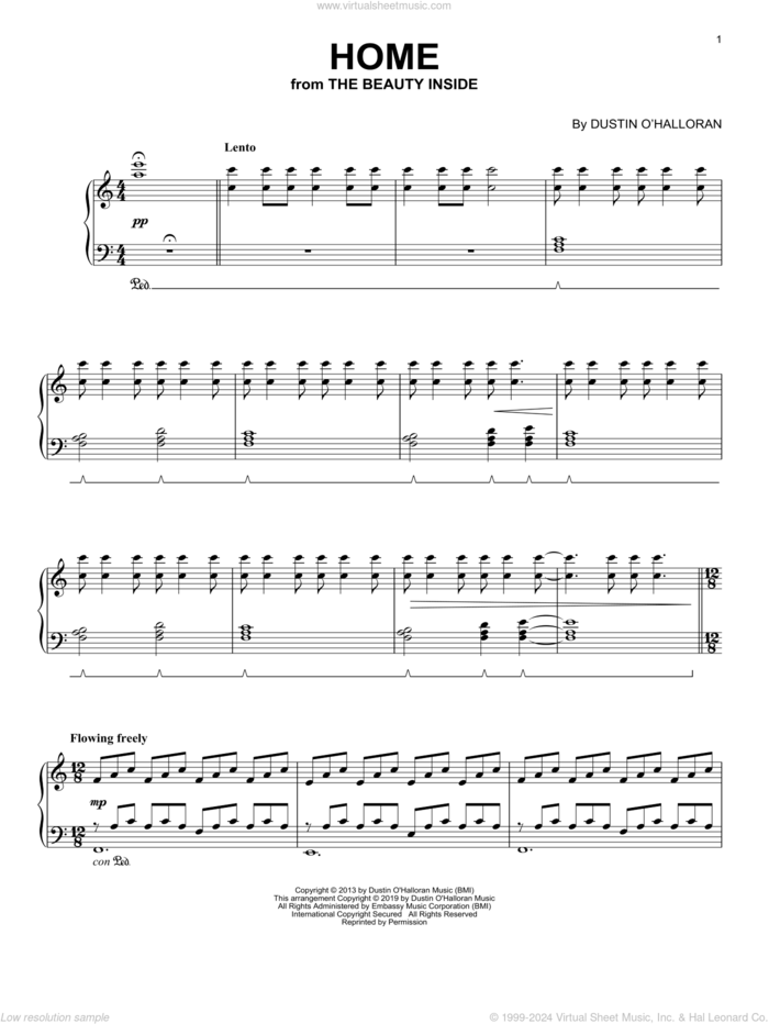 Home (from The Beauty Inside) sheet music for piano solo by Dustin O'Halloran, classical score, intermediate skill level