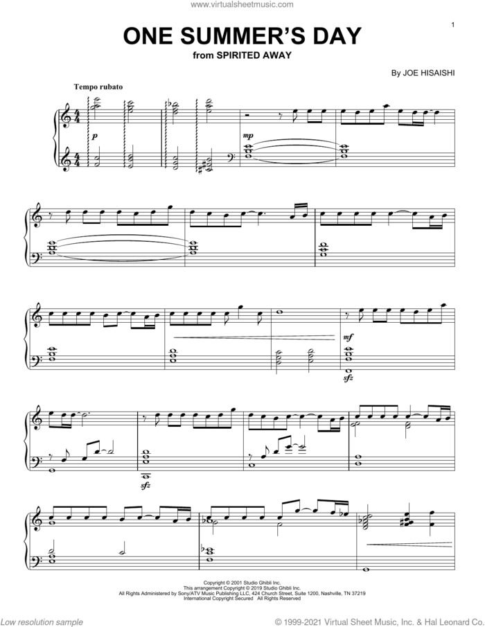 One Summer's Day (from Spirited Away) sheet music for piano solo by Joe Hisaishi, classical score, intermediate skill level