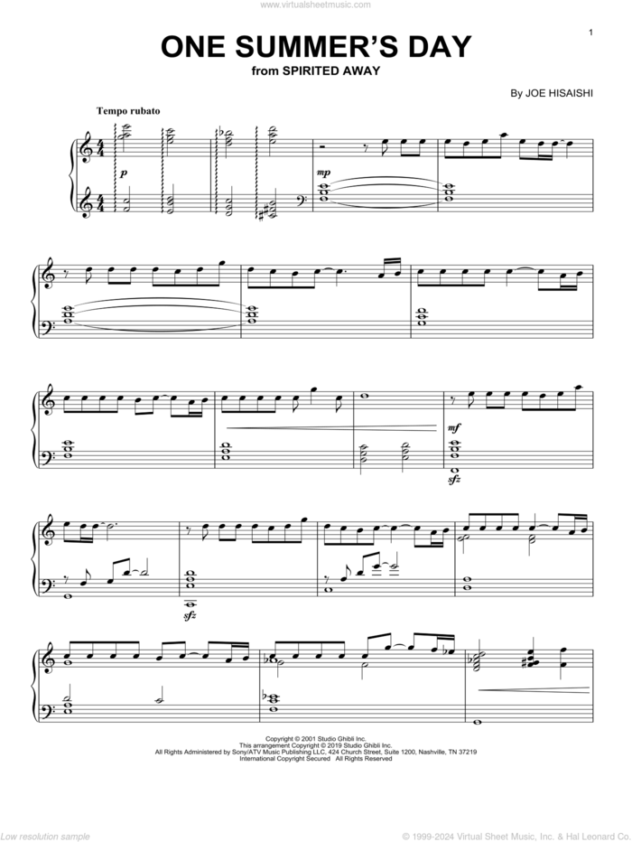 One Summer's Day (from Spirited Away) sheet music for piano solo by Joe Hisaishi, classical score, intermediate skill level