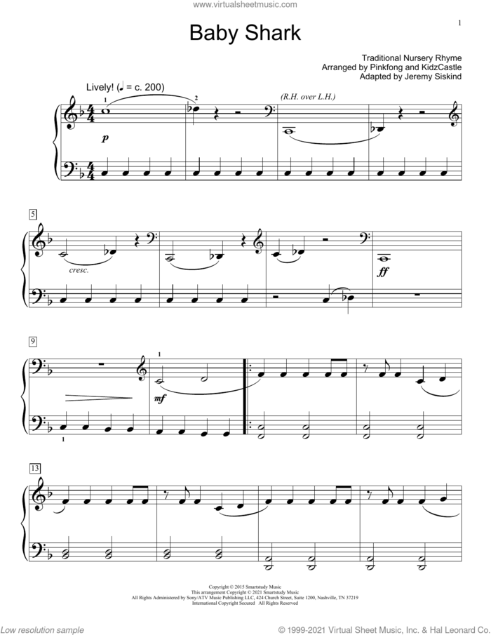 Baby Shark sheet music for piano solo (elementary) by Pinkfong, KidzCastle, Jeremy Siskind and Traditional Nursery Rhyme, beginner piano (elementary)