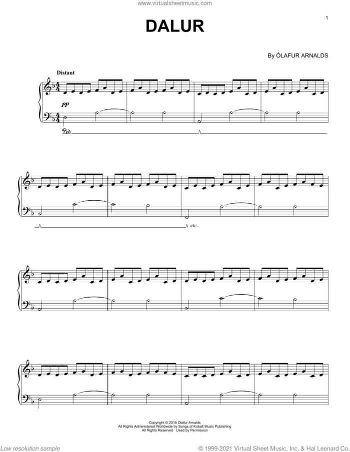 Dalur sheet music for piano solo by Ólafur Arnalds, classical score, intermediate skill level