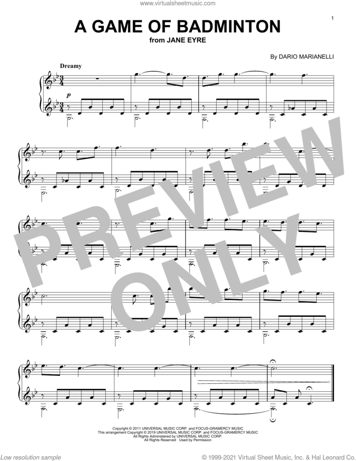 A Game Of Badminton (from Jane Eyre) sheet music for piano solo by Dario Marianelli, classical score, intermediate skill level