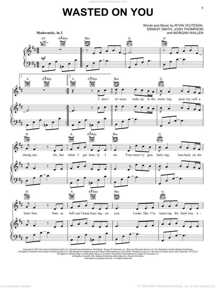 Wasted On You sheet music for voice, piano or guitar by Morgan Wallen, Ernest Smith, Josh Thompson and Ryan Vojtesak, intermediate skill level
