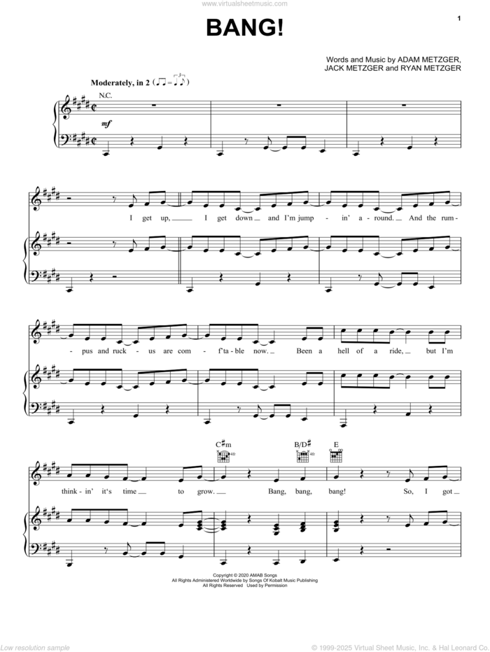 Bang! sheet music for voice, piano or guitar by AJR, Adam Metzger, Jack Metzger and Ryan Metzger, intermediate skill level