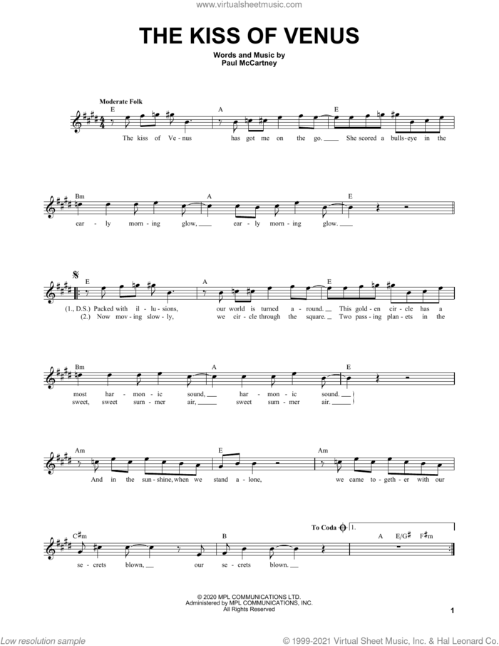 The Kiss Of Venus sheet music for voice and other instruments (fake book) by Paul McCartney, intermediate skill level