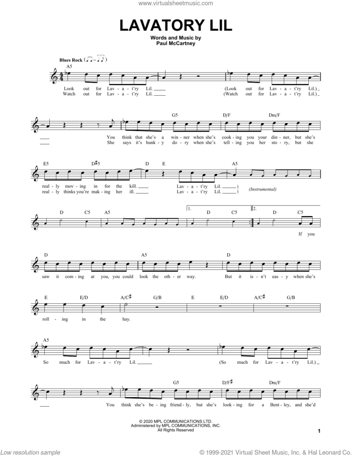 Lavatory Lil sheet music for voice and other instruments (fake book) by Paul McCartney, intermediate skill level